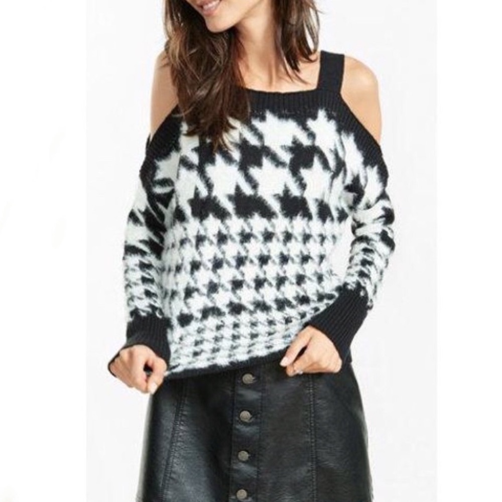 Express Houndstooth Cold Shoulder Black & White Sweater - Women’s Size Medium